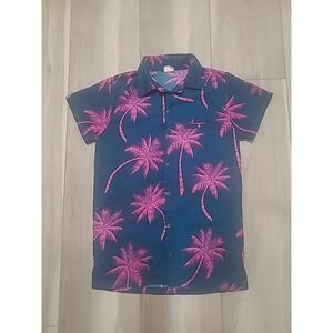 King Kameha Hawaiian Shirt Men's XS Floral Aloha Palm Tree Teal Pink AOP